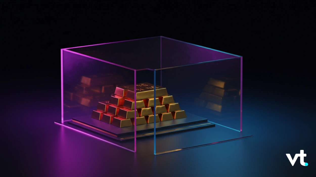 Pyramid of gold bars inside a clear glass display case lit by magenta and blue neon lights.