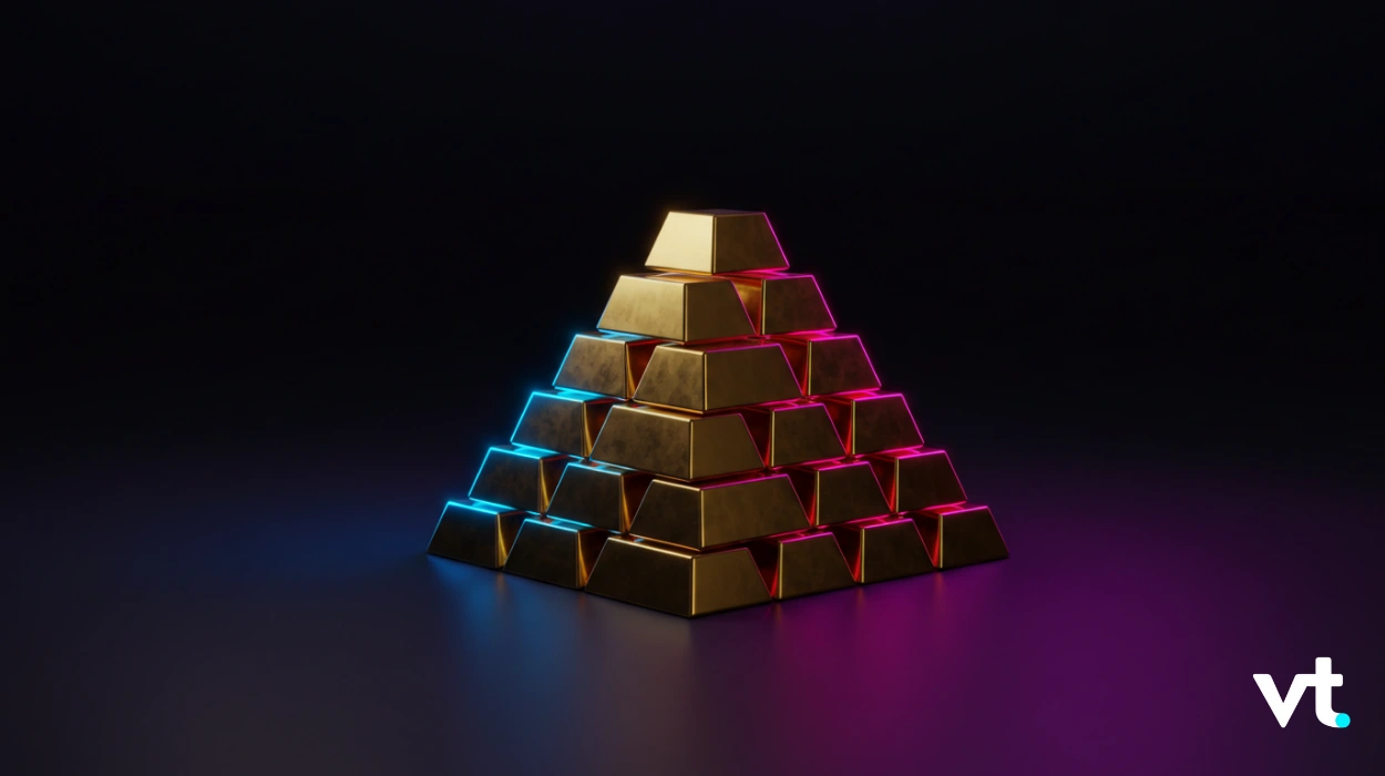 Pyramid of gold bars stacked on a dark surface with cyan and magenta neon edge lighting, logo bottom right.