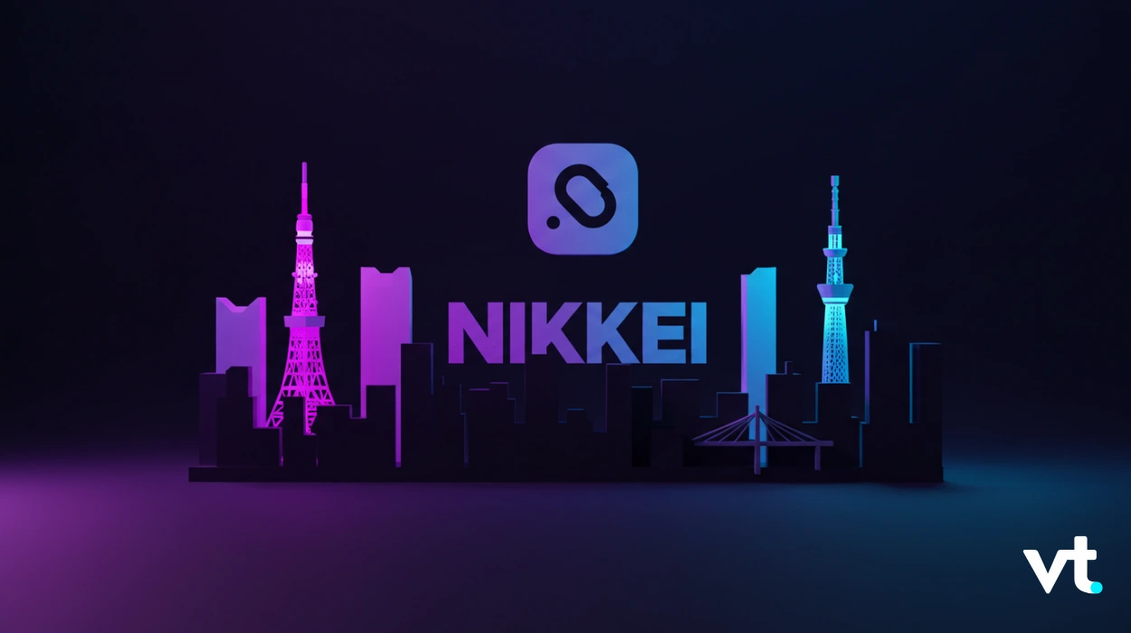 Stylized city skyline silhouette in purple–blue gradient with the word NIKKEI and a VT logo in the bottom right.