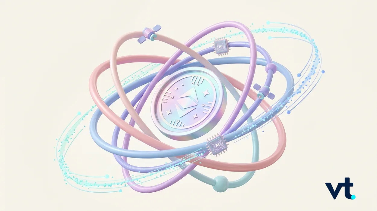 Abstract 3D artwork of colorful looping rings orbiting a central circular emblem, with a VT logo in the bottom-right corner.