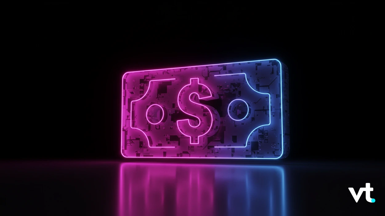 Neon pink-to-blue money/bill icon on a dark background, inside a stylized card, depicting fintech imagery (vt branding at corner).