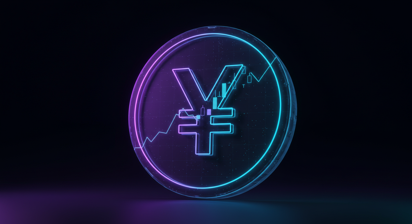 Neon-lit coin with the yen symbol and a rising stock chart inside a glowing circular outline on a dark background.