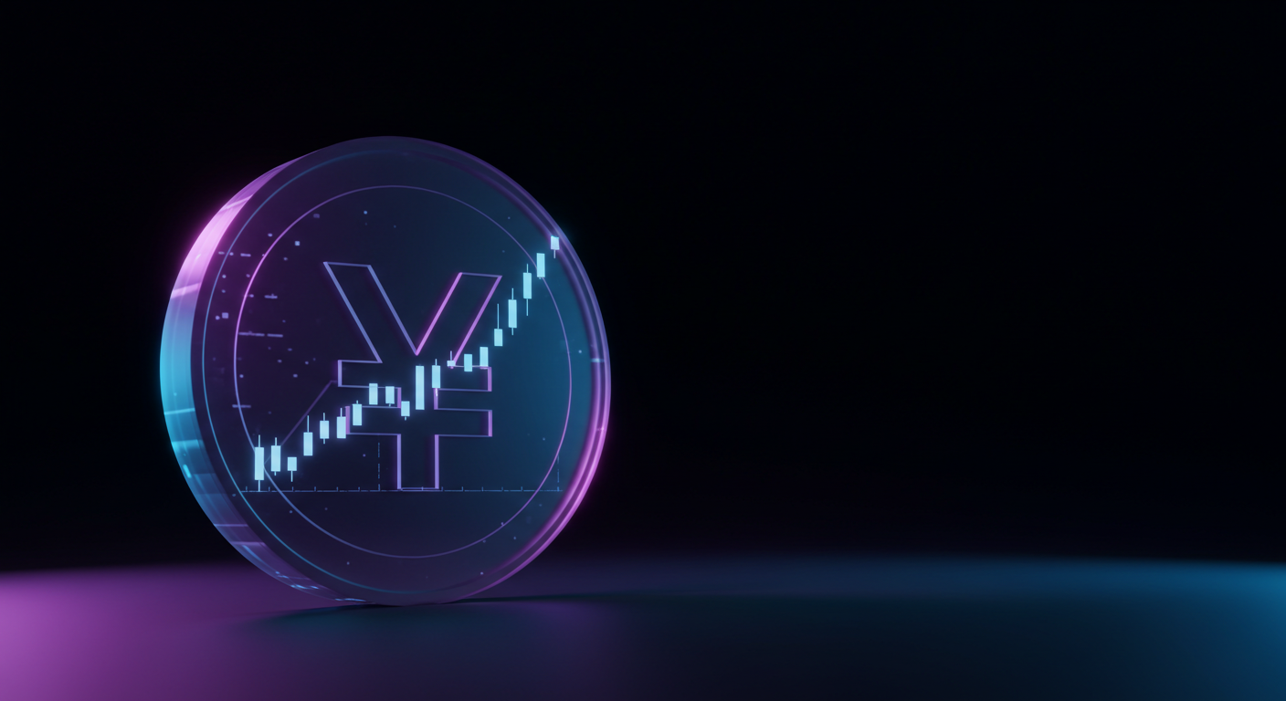 Neon-lit glass coin with a Yen symbol and an upward-trending candlestick chart inside, set against a dark background