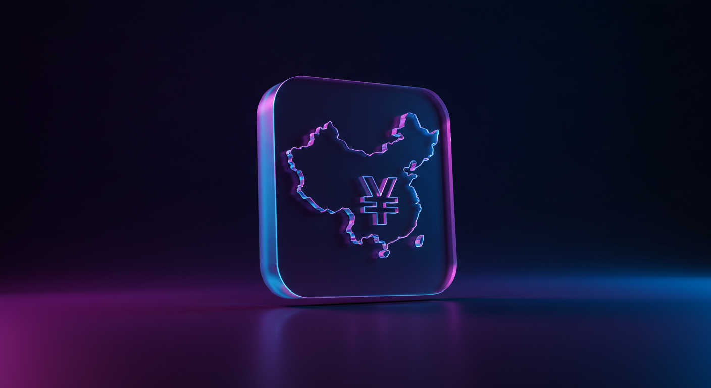 Neon-lit rounded square featuring a glowing map of China with the yuan symbol, against a dark gradient background.