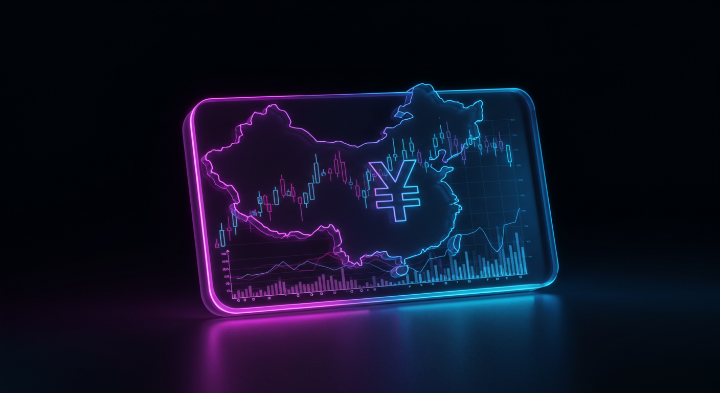 Neon-lit glass panel showing China's map outline with stock candlesticks and a Yen symbol on a glowing dashboard, blue and pink glow.