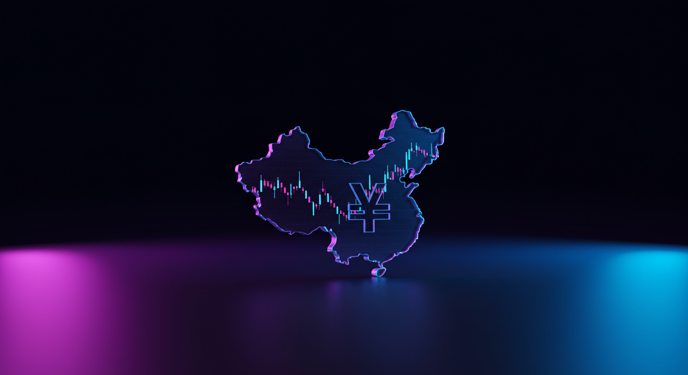 Neon outline of China with a stock chart and yuan symbol against a dark gradient background, conveying finance in China.