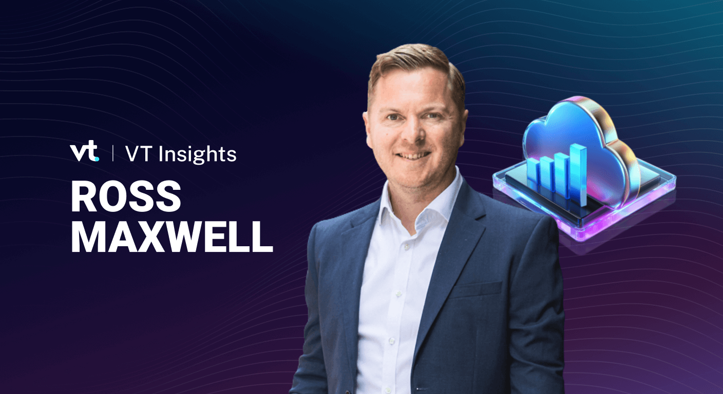 Ross Maxwell featured in a VT Insights hero image with a dark blue gradient and a glowing cloud with a bar chart on the right.
