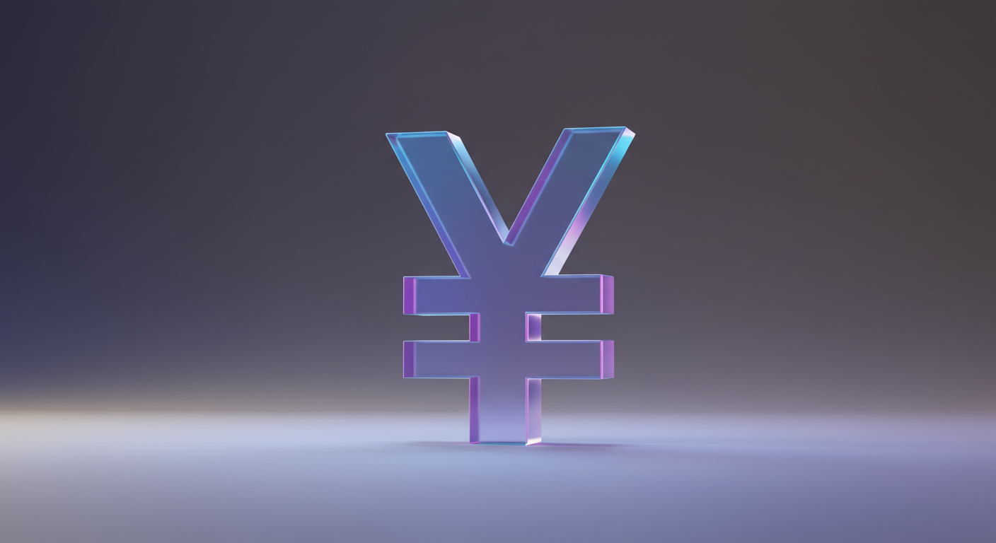 3D glossy purple yen symbol (¥) standing on a reflective surface against a dark gradient background.