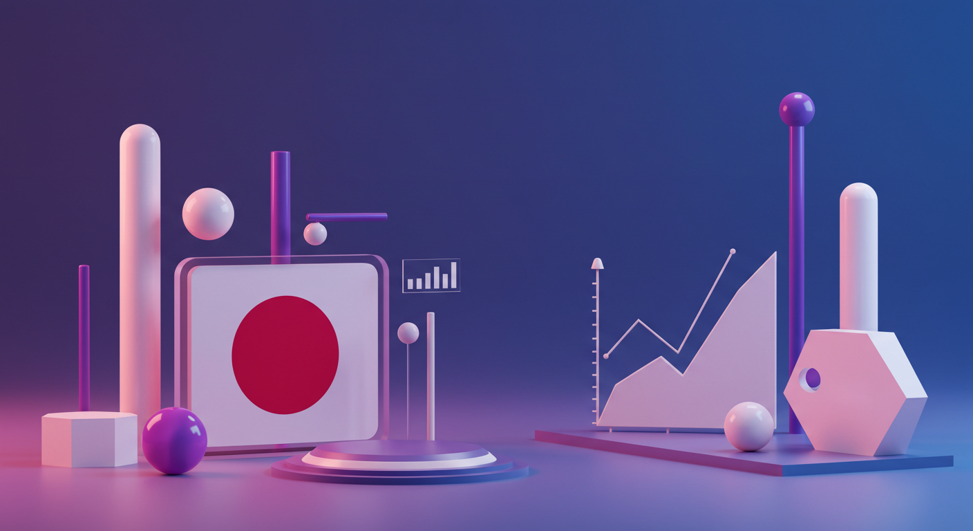 Abstract 3D scene with geometric shapes, bars, and a rising line graph against a blue‑purple gradient.