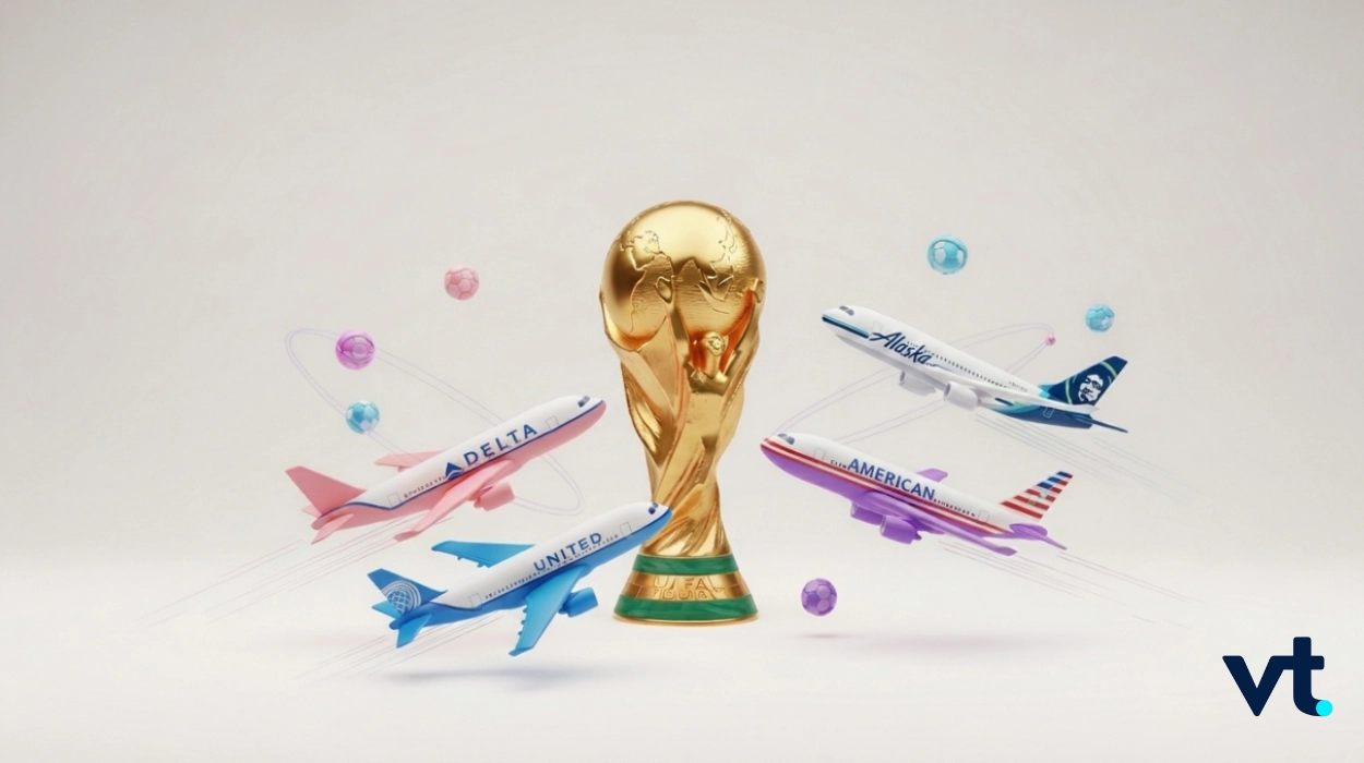 Airlines' colorful airplanes circle a golden World Cup trophy against a light background, suggesting travel and global sports sponsorships (VT logo bottom right).