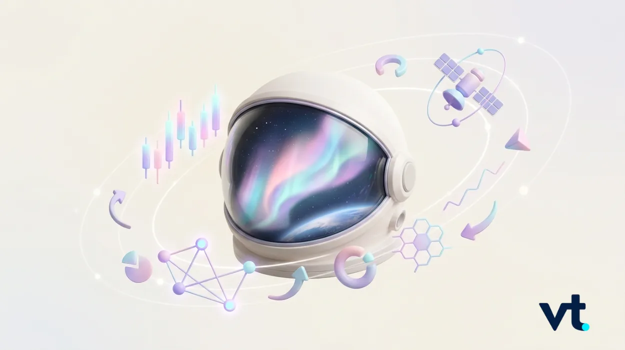 Astronaut helmet with a colorful aurora visor, surrounded by abstract science icons and the VT logo.
