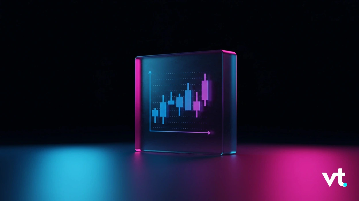 Neon-lit glass display showing a blue-pink candlestick stock chart on a dark surface, VT logo in the bottom-right corner.
