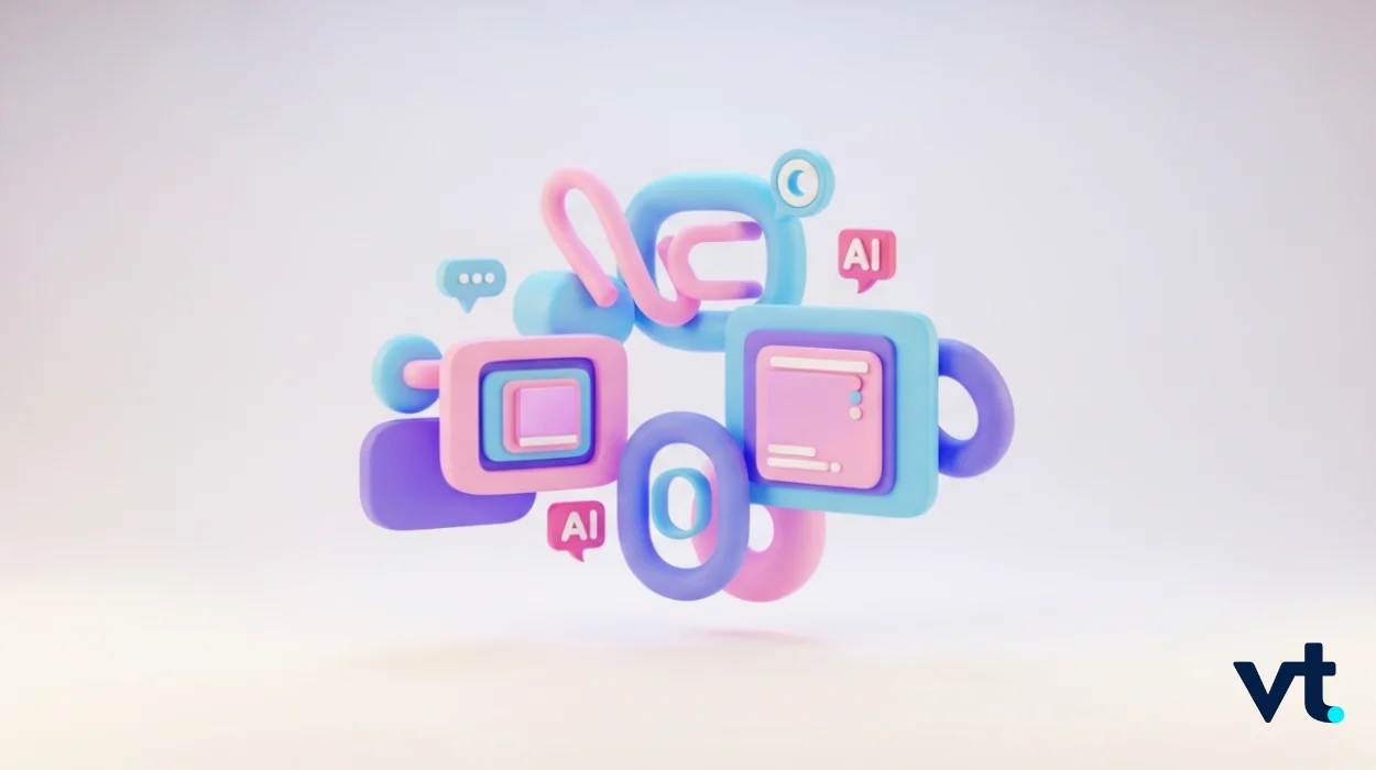 Abstract 3D pastel shapes symbolizing AI and tech, with a VT logo in the bottom right corner.