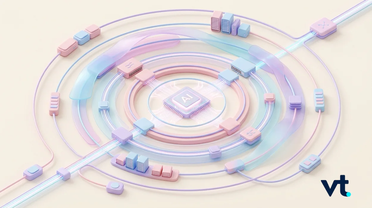 Pastel 3D illustration of a central AI chip with concentric rings and data cables in pink, purple, and blue. (VT logo bottom-right)