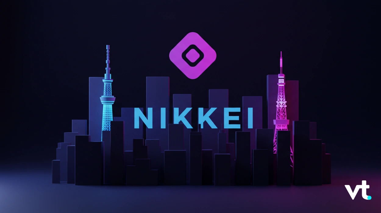 Neon-lit city skyline at night with blue NIKKEI letters and a purple diamond logo above, VT logo in the bottom-right corner.