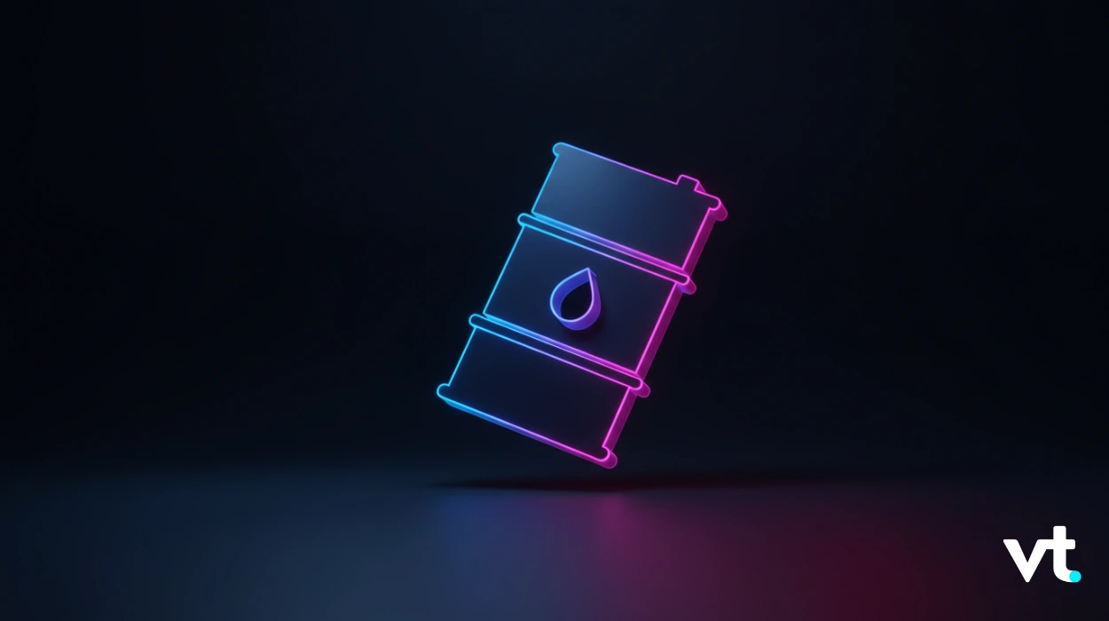 Neon blue-pink outline illustration of an oil barrel floating above a dark surface, with a VT logo in the bottom-right corner (glow effect)